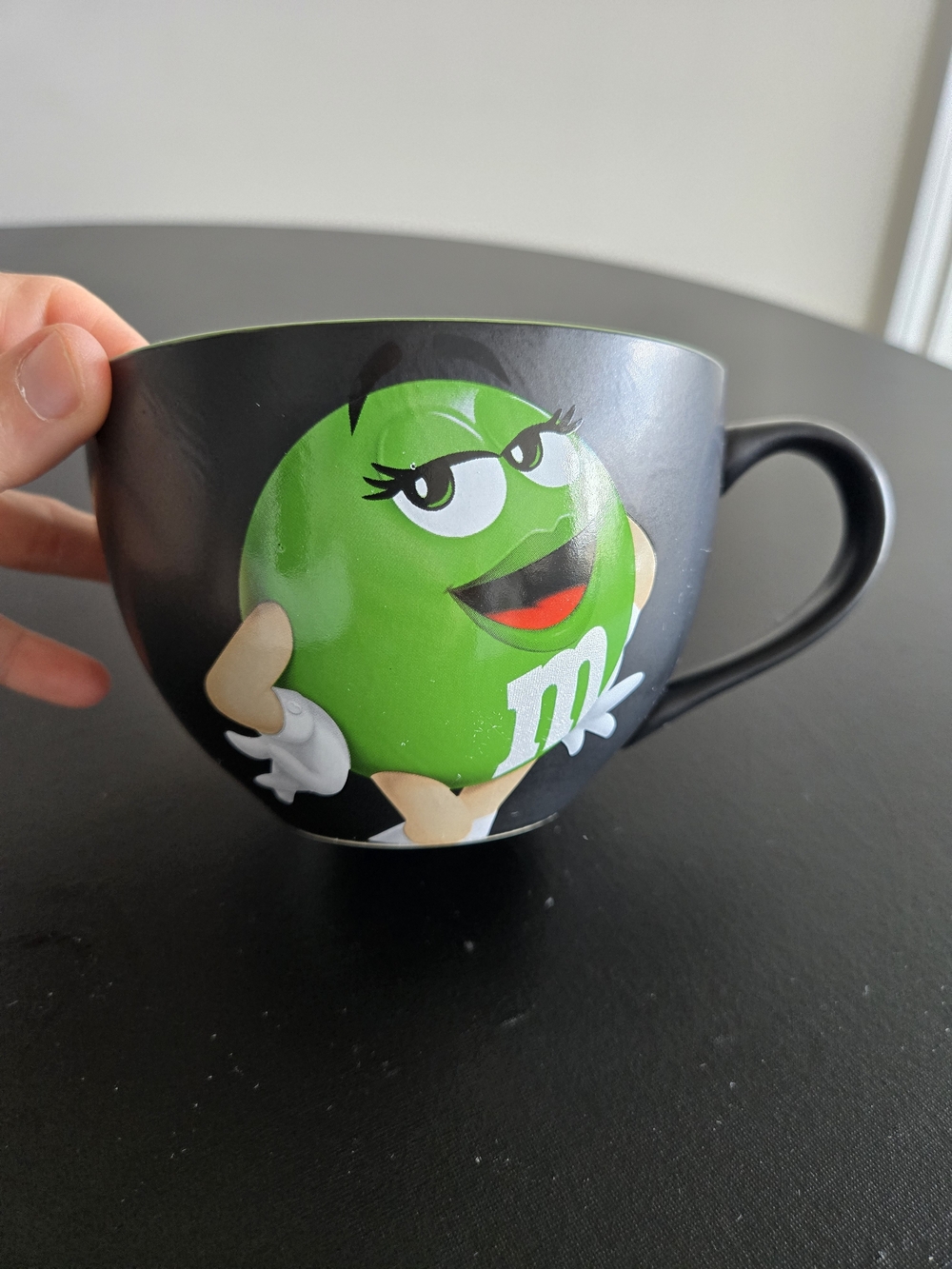 M&M's World Ms Green Character Oversized Mug 2014 Matte Black 3D Script 20oz